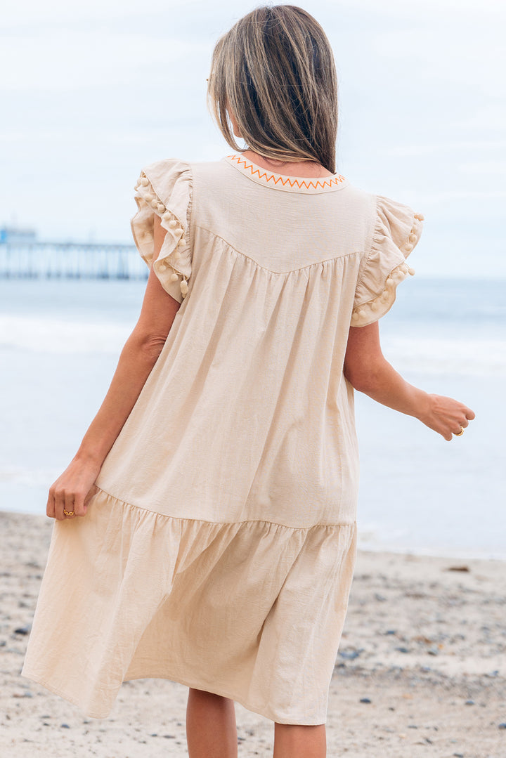 Jet Stream Linen Embroidery Split Neck Pom Pom Ruffle Sleeves Flowy Short Dress