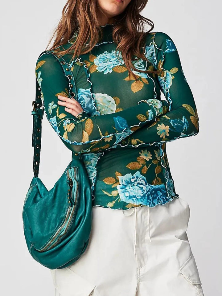 Floral Print Mock Neck Long Sleeve Top