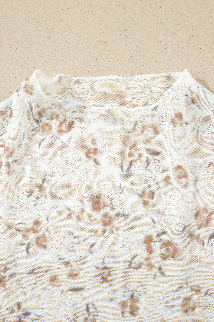 White Mock Neck Short Sleeve Floral Mesh Top