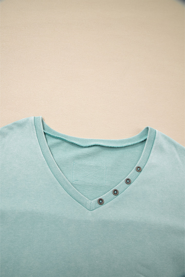 Mist Blue Mineral Wash Exposed Seam Buttoned V Neck Pullover Top