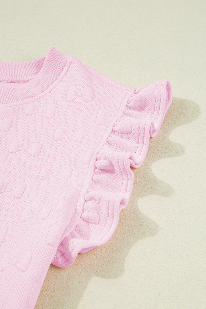 Pink Bow Jacquard Ruffle Sleeve Short 2pcs Outfit