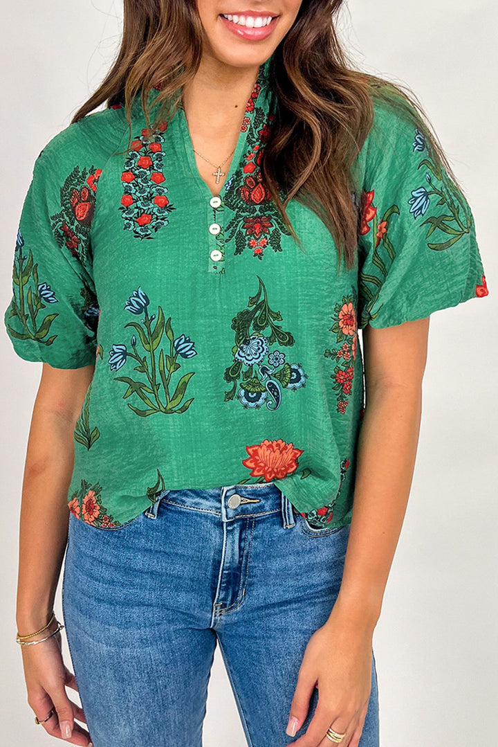 Chemisier à manches courtes et col en V boutonné à imprimé floral vert vif