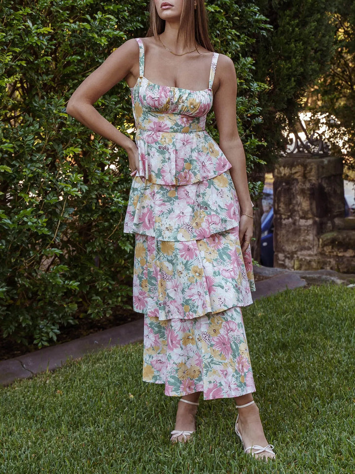 Floral Layered Ruffle Maxi Dress