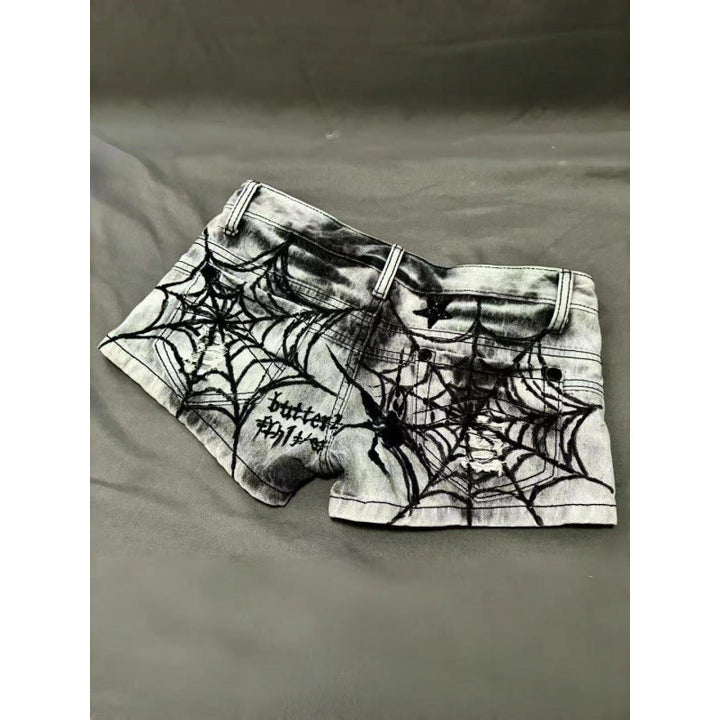 Womens American-style Spiderweb Print Diamond Skull And Star Denim Shorts