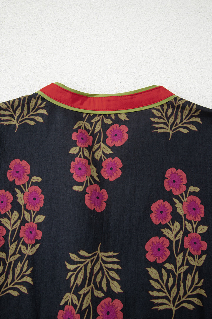 Black Retro Floral Print Button Down Belted Short Puff Sleeve Mini Dress