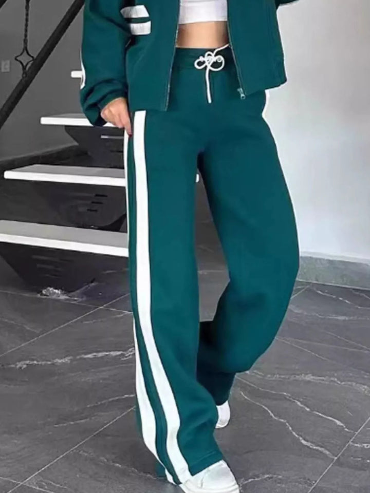 Full Size Contrast Stripe Zip Up Jacket and Pants Set Plus Size
