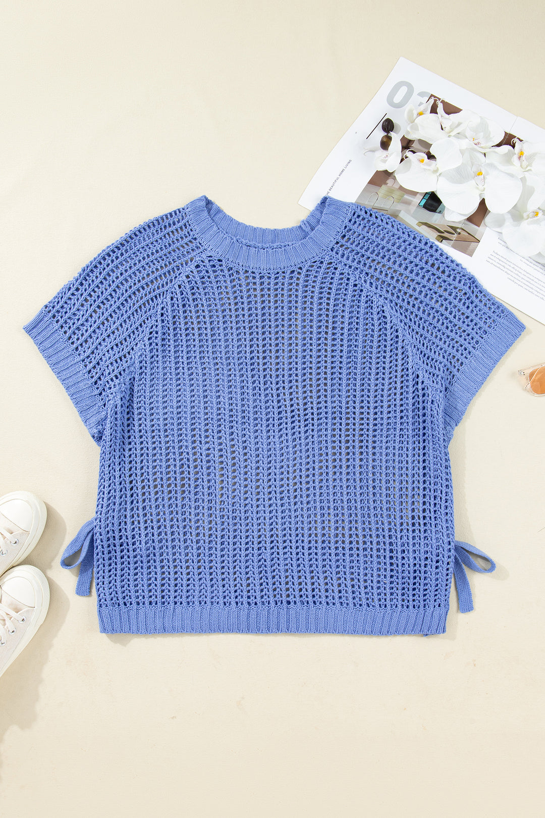 Plus Size Open Knit Bow Tie Short Sleeve Sweater