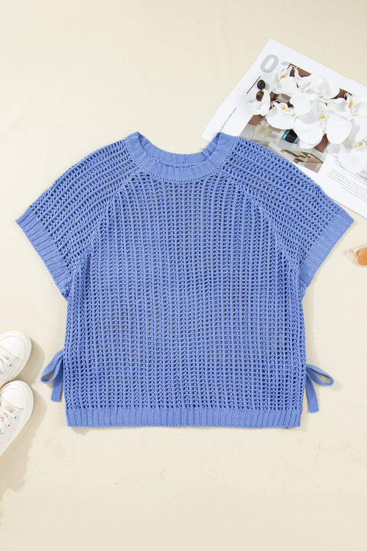 Plus Size Open Knit Bow Tie Short Sleeve Sweater