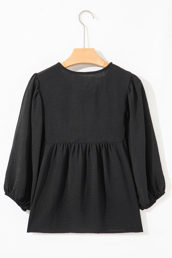 Black Bow Tie Neck 3/4 Sleeve Casual Blouse