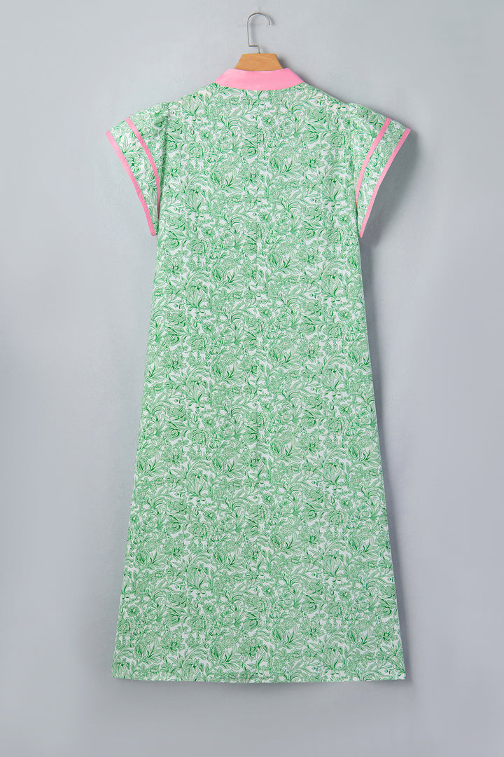 Green Plus Size Contrast Trim Flutter Sleeve Floral Kaftan Maxi Dress