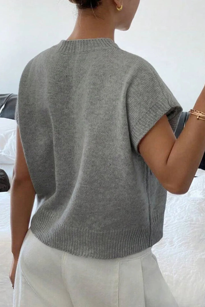 Flower Pattern Ribbed Trim Short Sleeve Boxy Sweater