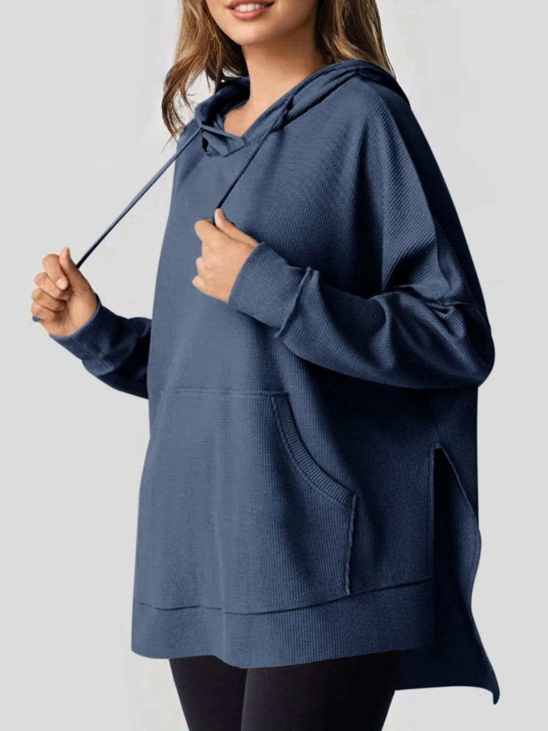 Slit Drawstring Waffle Knit Hoodie