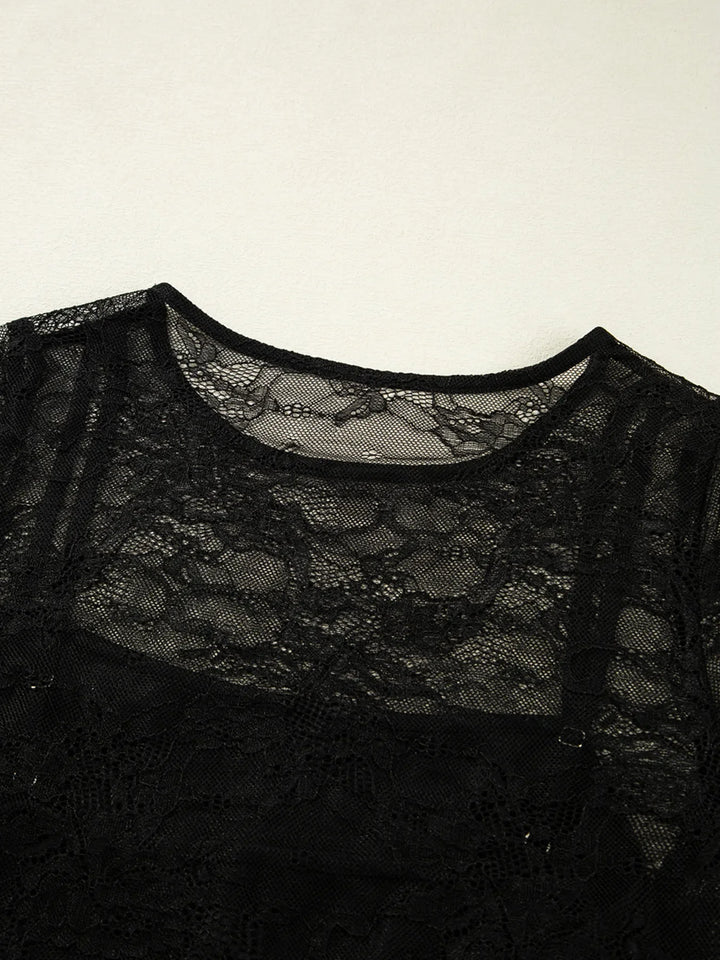 Lace Crochet Mesh Patched Slim Fit Long Sleeve Top