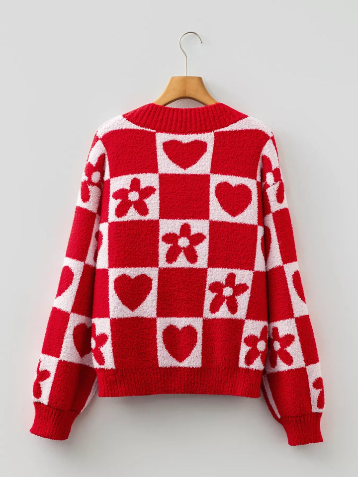 Floral Heart Checkered V-Neck Sweater