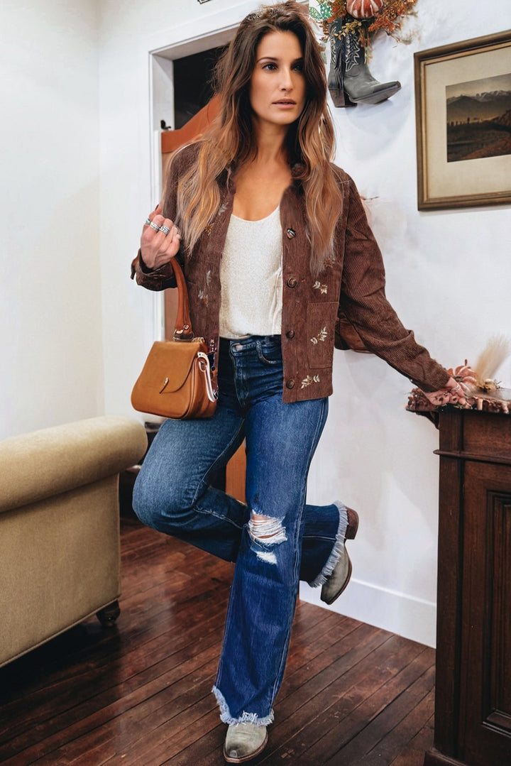 Coffee Floral Embroidered Collar Button Front Corduroy Jacket With Pocket