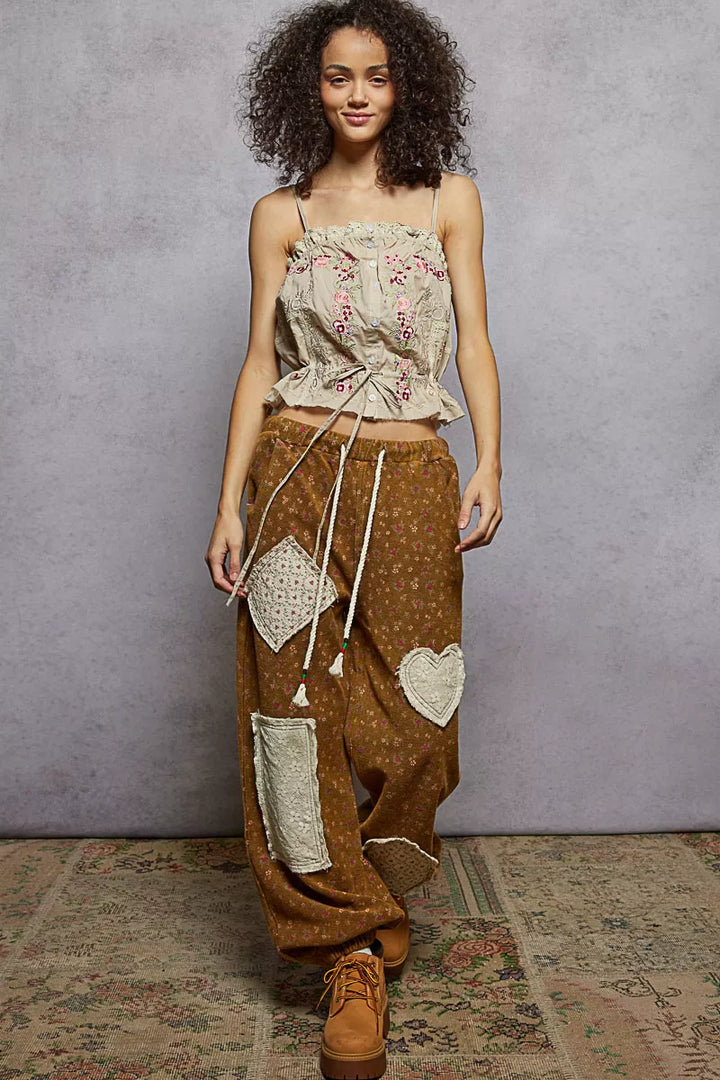 POL Button Down Floral Embroidered Cropped Cami with Lace Detail