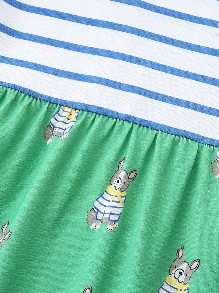 Children's Striped Dog Print Short Sleeve Dress