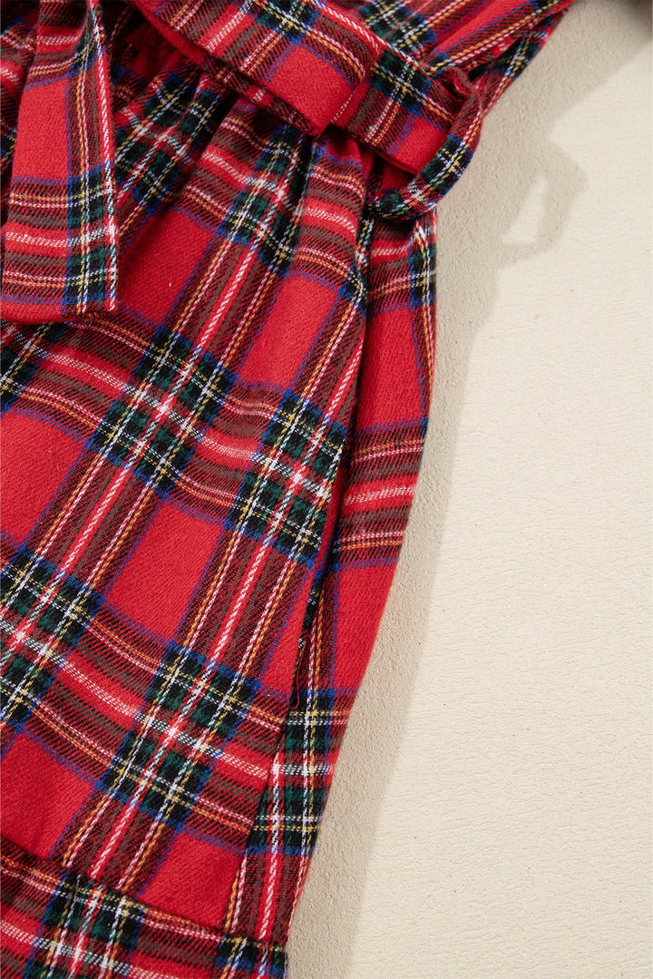 Red Christmas Plaid V Neck 3/4 Sleeve Tie Waist Ruffle Hem Long Dress