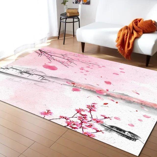Pastel Cherry Blossom And Crescent Moon Non-Slip Flannel Floor Mat Home Rug Decoration