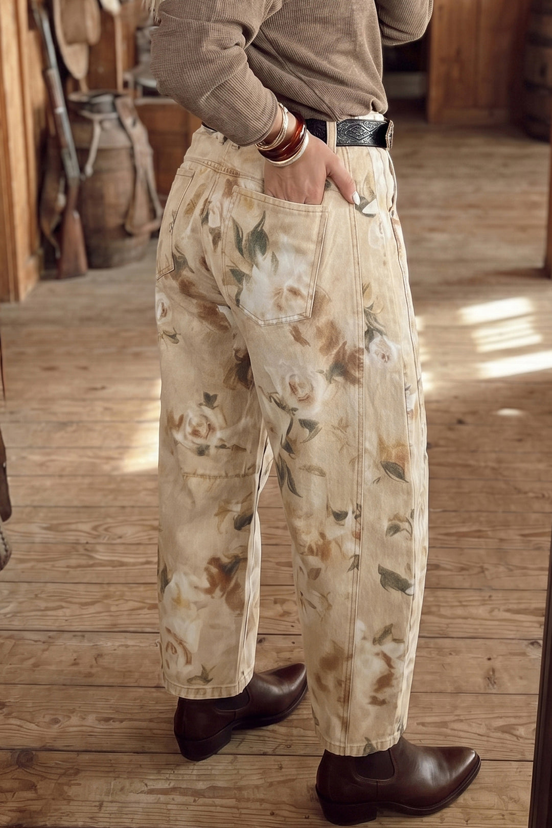 Khaki Retro Floral Print Relaxed Barrel Jeans