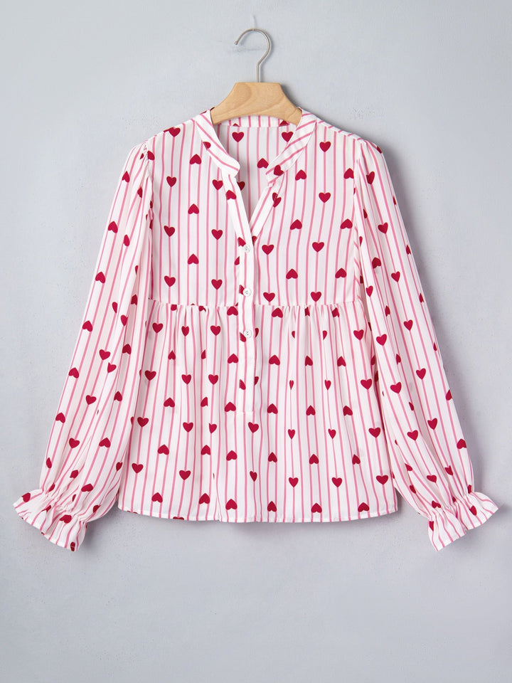 Stripe Textured Heart Print Long Flounce Sleeve Shirt