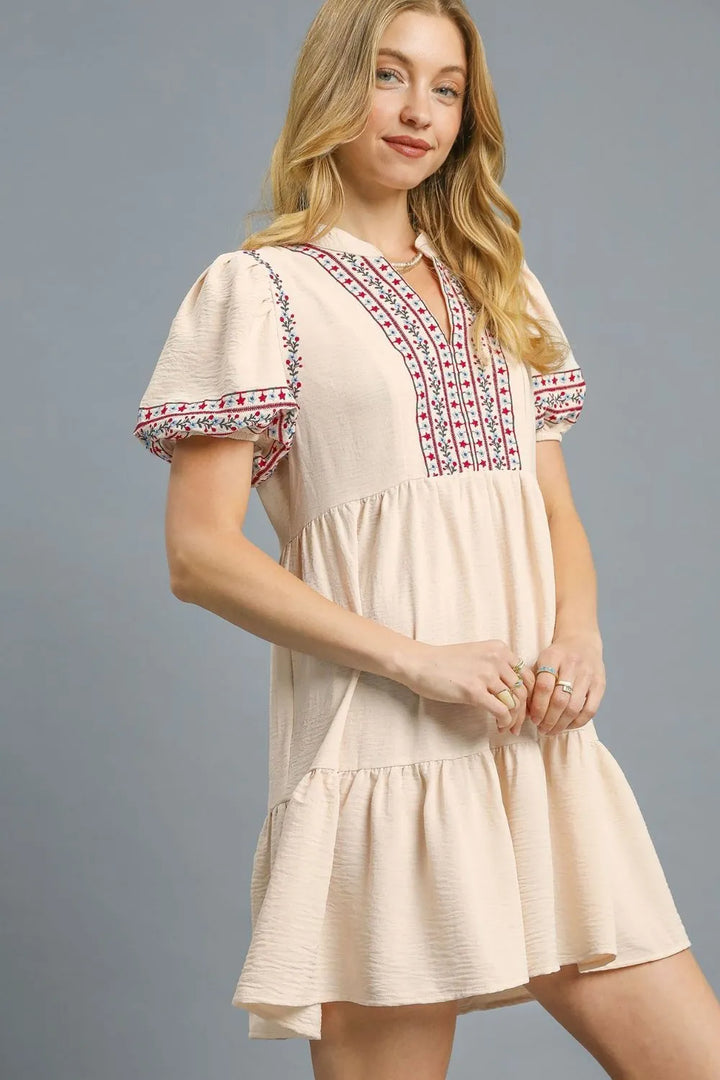 Umgee Floral Trim Puff Sleeve Mini Dress