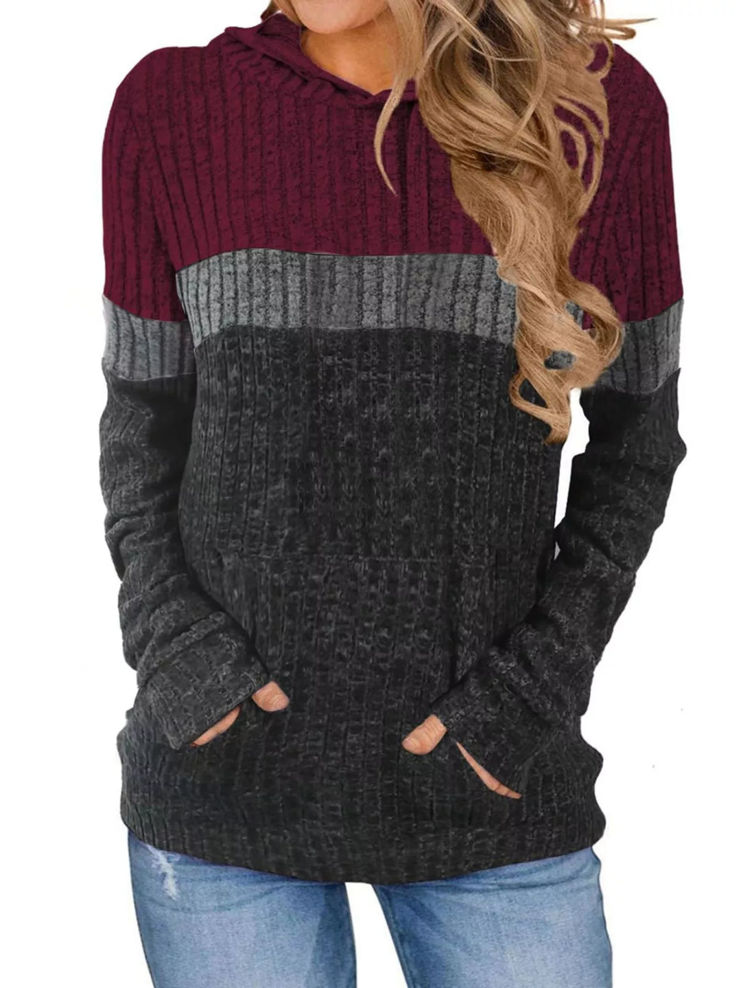 Full Size Color Block Ribbed Knit Hoodie Plus Size