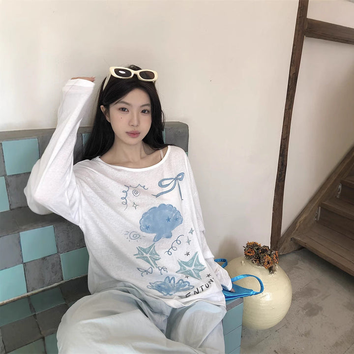 Laid-back Shell And Starfish Print Sun-Protective Cover-Up Top