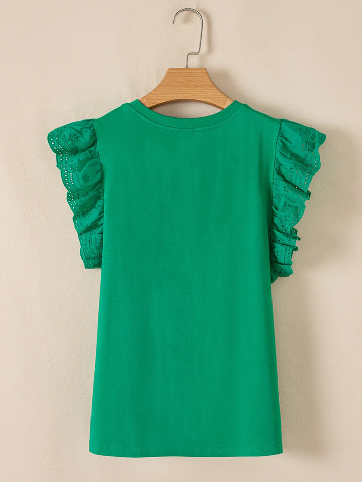 Ruffled Sleeve Slim Fit Crew Neck Top