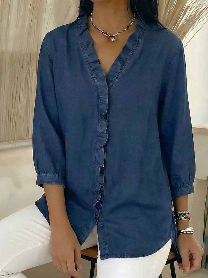 Full Size V-Neck Ruffled Button Down Shirt Plus Size
