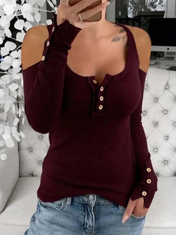 Cold Shoulder Ribbed Henley T-Shirt with Button Detail