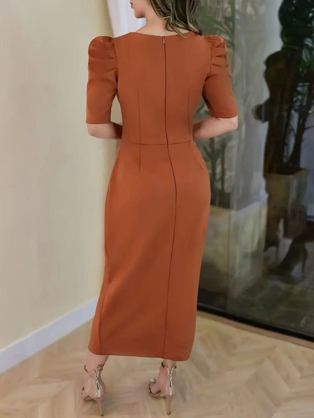 Floral Short Sleeve Ruched Bodycon Midi Dress