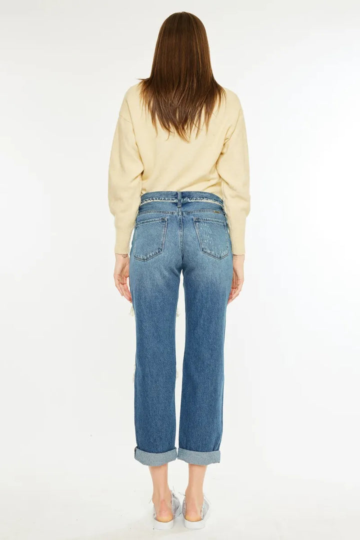 Kancan Distressed Mid Rise True Boyfriend Jeans