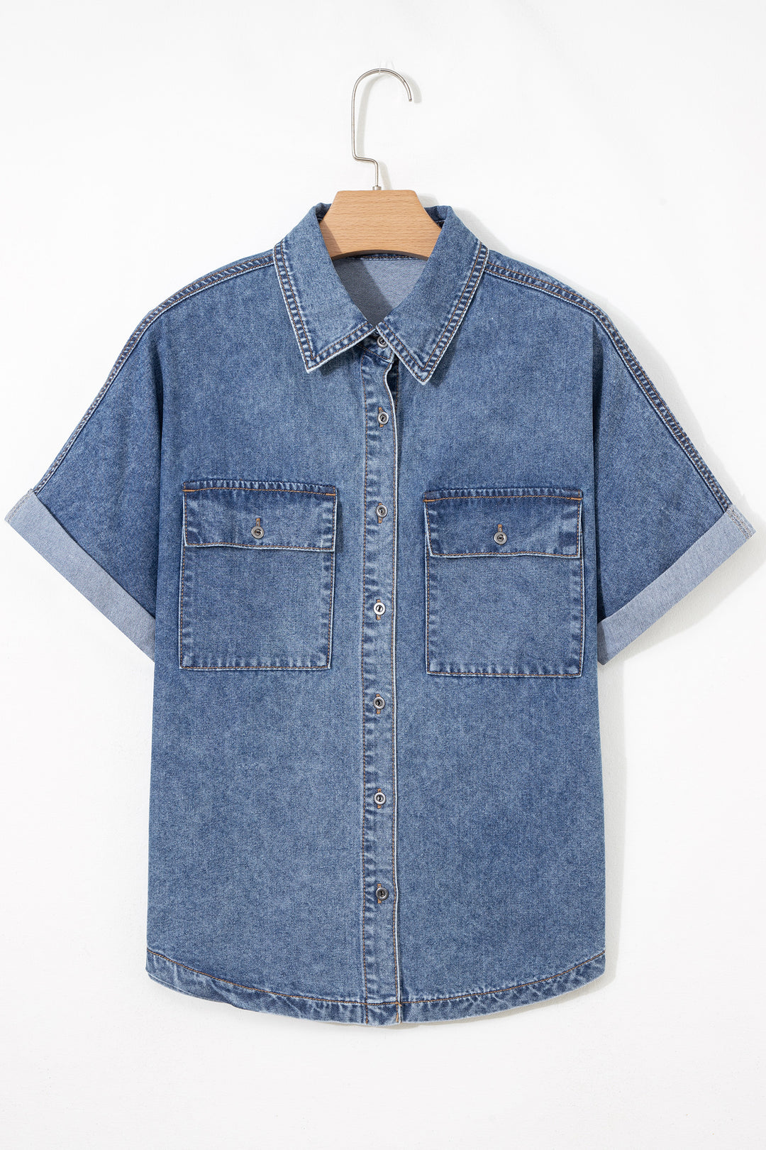 Button Flap Pocket Cuffed Short Sleeve Denim Shirt