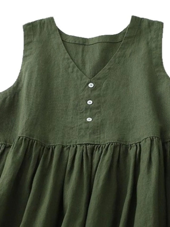 V-Neck Button Detail Sleeveless Midi Dress