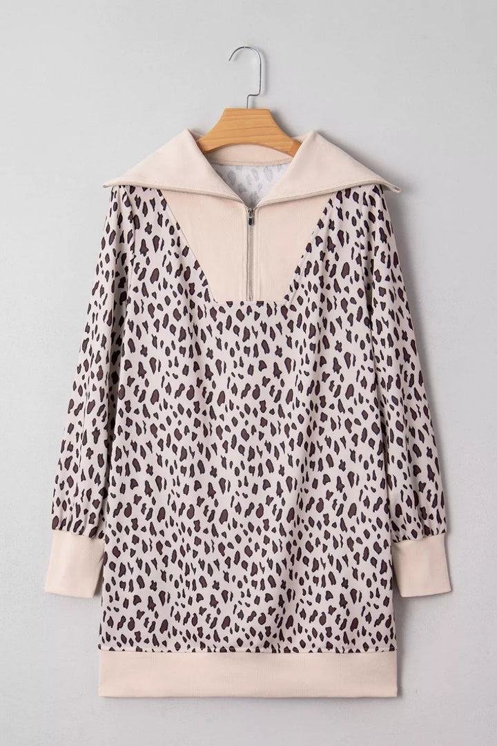 Leopard Print Zip up Collar Patchwork Shift Mini Dress