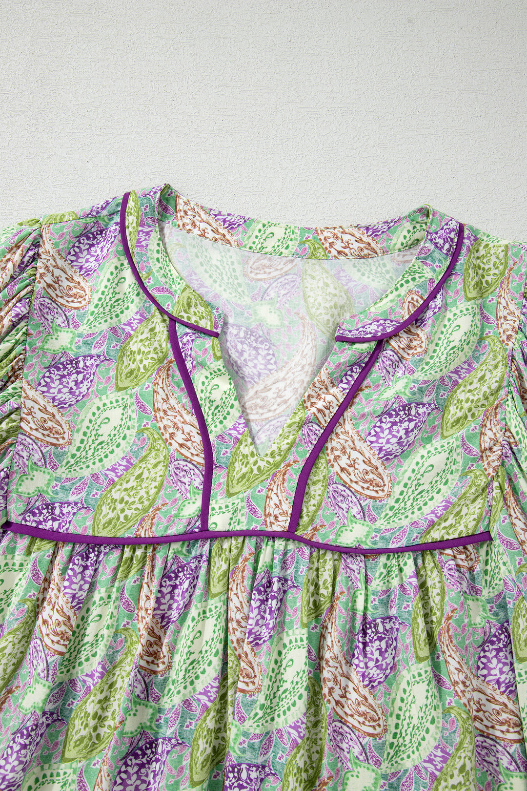 Green Boho Paisley Print Half Puff Sleeve Blouse