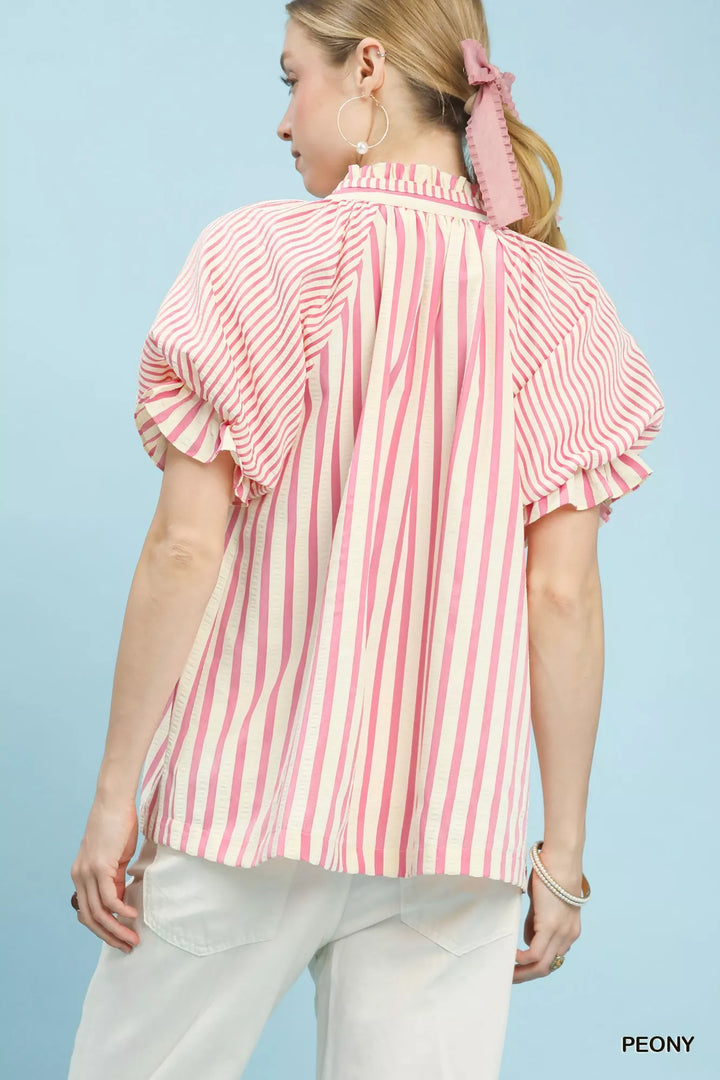 Umgee Striped Notched Top with Short Flutter Sleeves