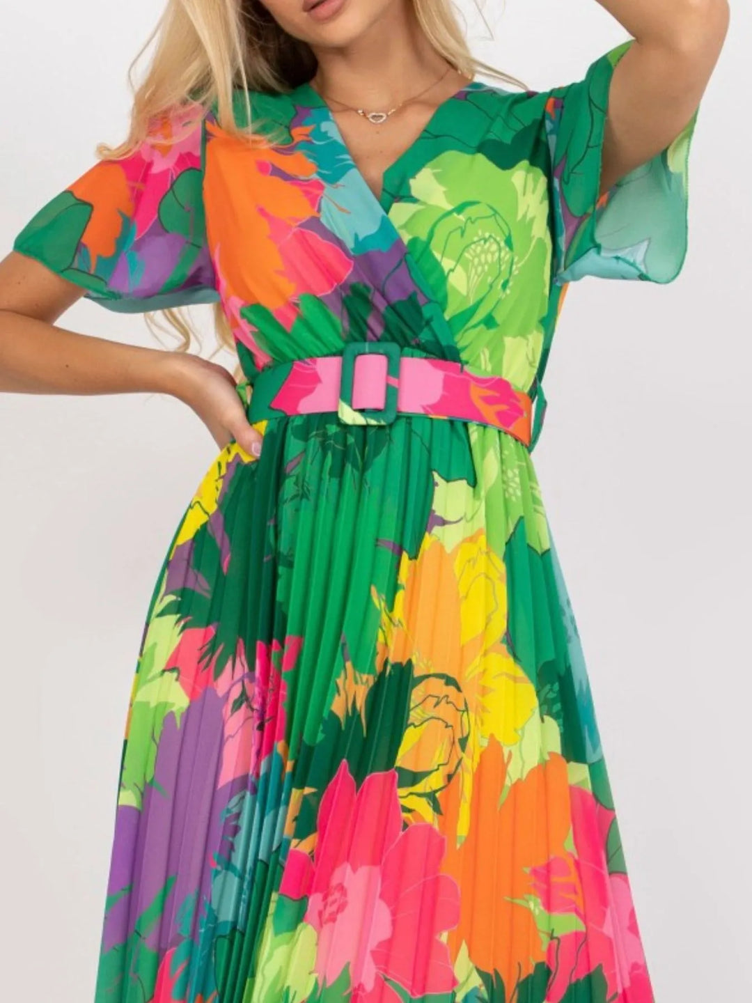 Printed Pleated Midi Wrap Dress with Belt