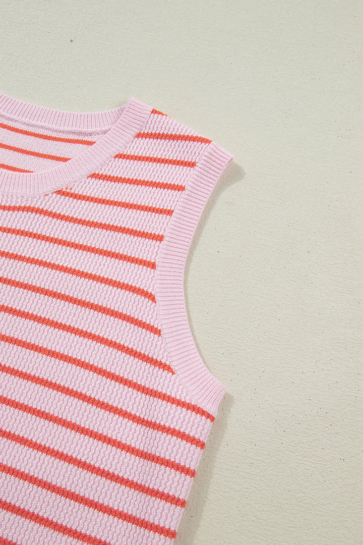 Pink Stripe Textured Knit Sleeveless Casual Sweater Top