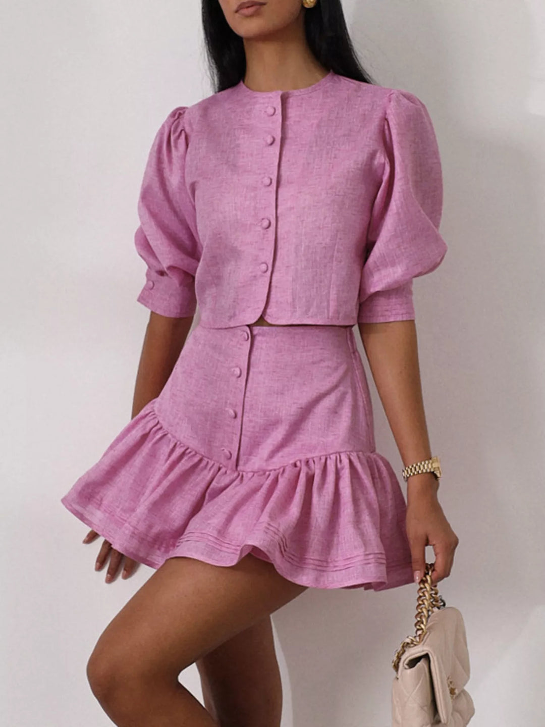 Puff Sleeve Cropped Top and Ruffled Skirt Set