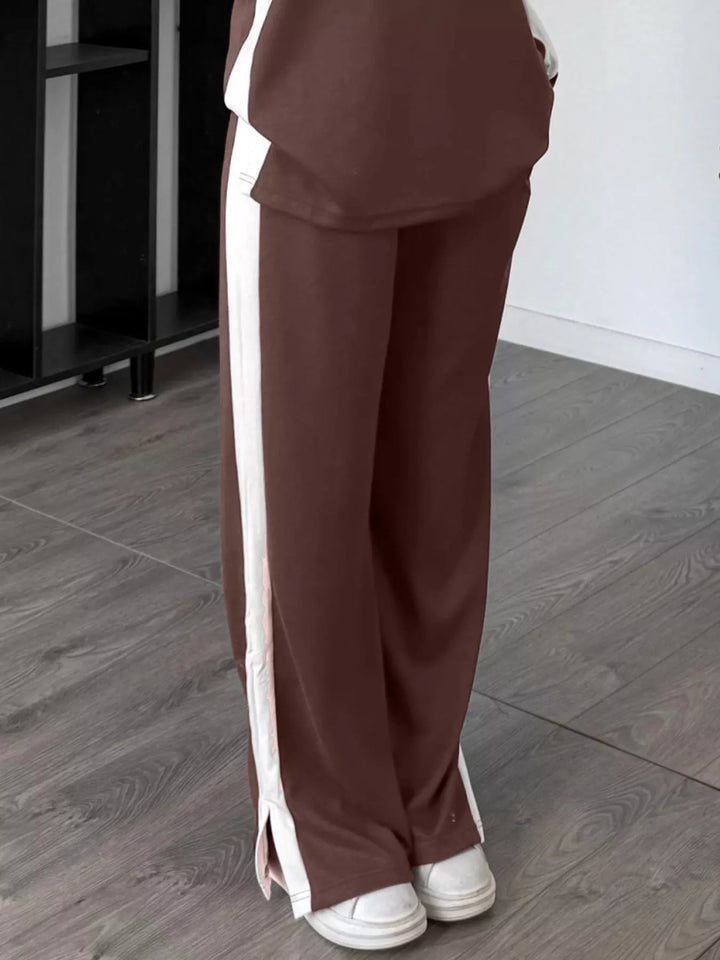 Full Size Contrast Round Neck Top and Pants Set Plus Size