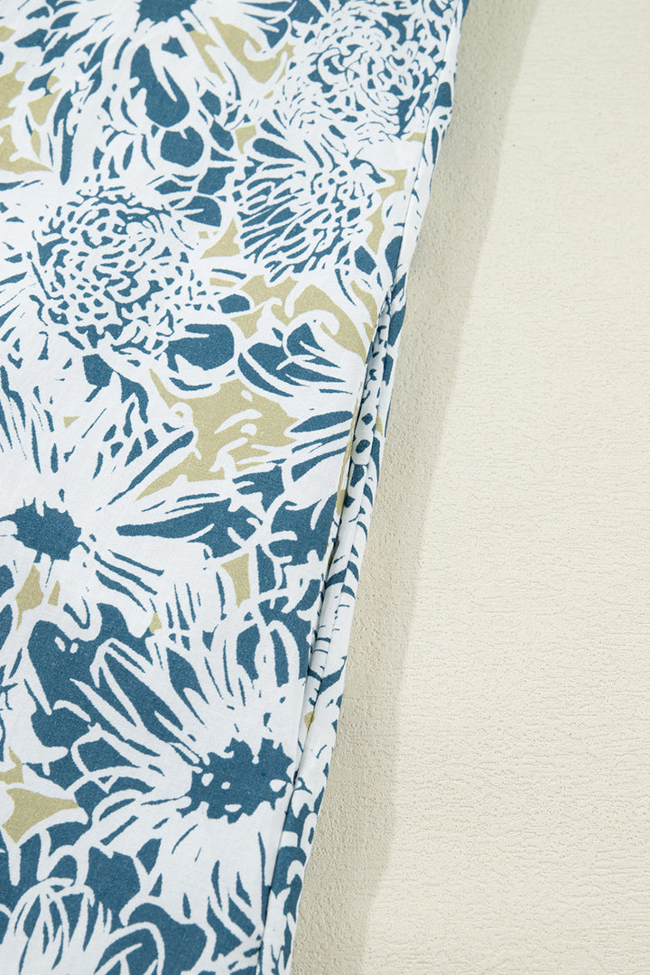 Blue Floral Print Striped Webbing Patchwork Collar Short Sleeve Mini Dress