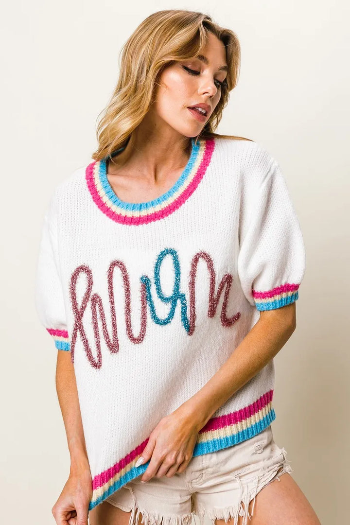 BiBi Metallic Letter Short Puff Sleeve Sweater