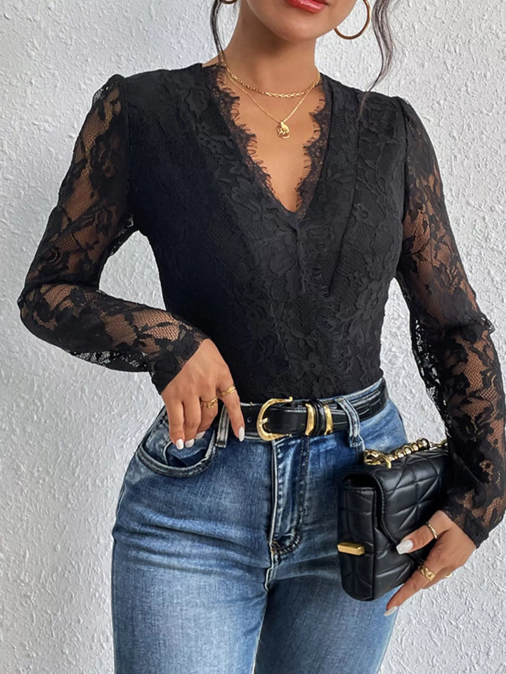 Lace V-Neck Long Sleeve Bodysuit