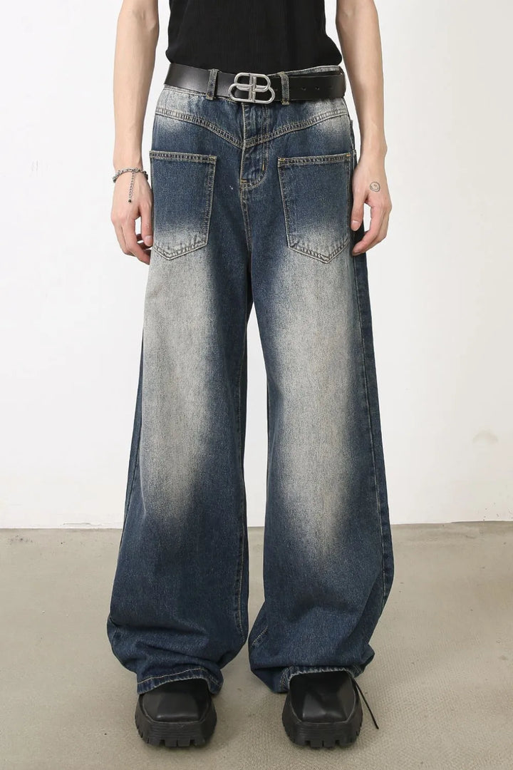 Men's Washed Wide Leg Jeans with Front Patch Pockets