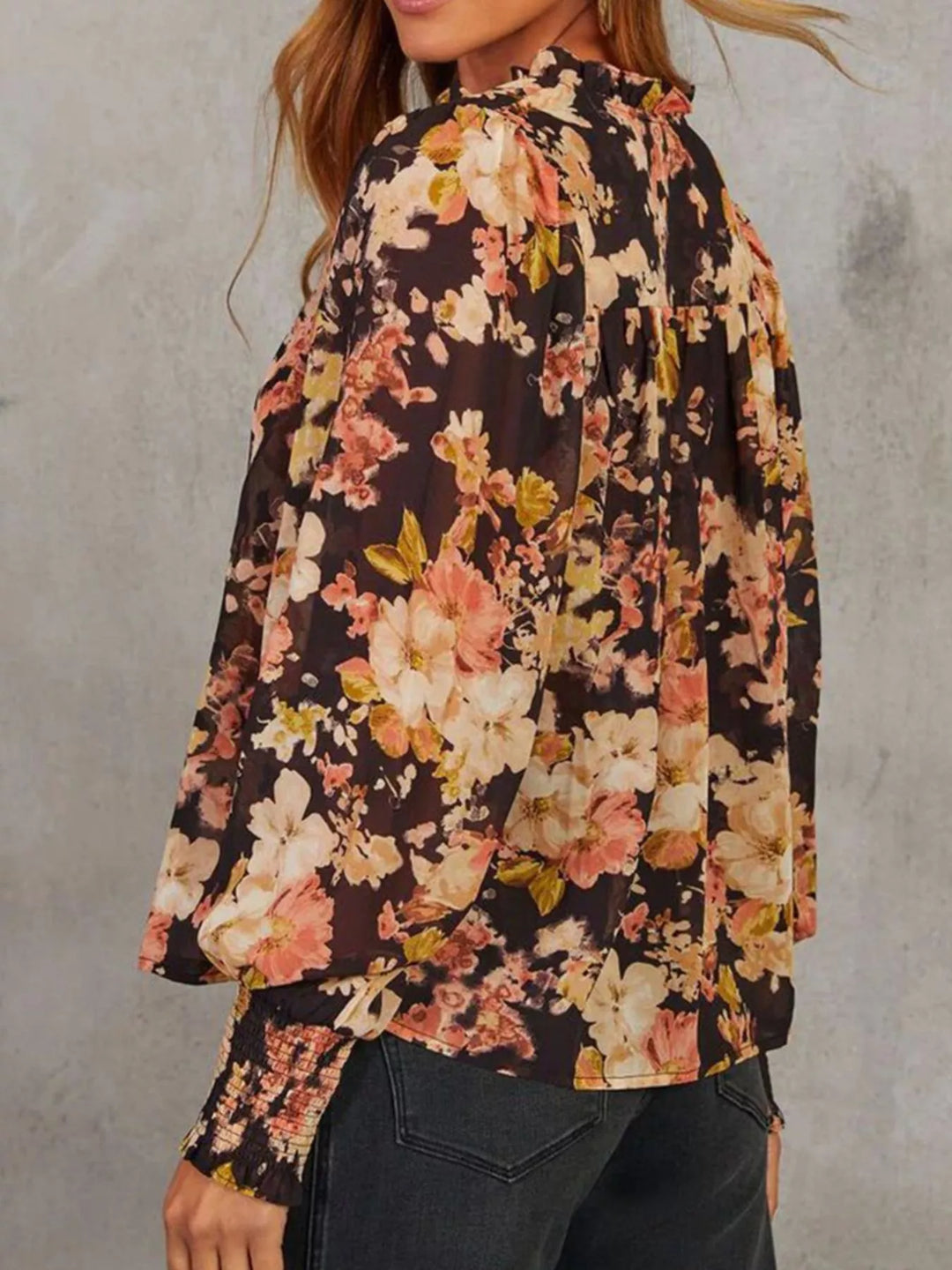 Floral V Neck Long Puff Sleeve Breezy Blouse