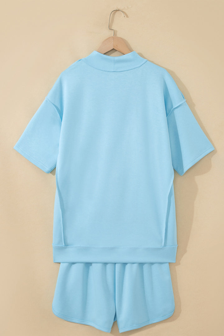 Mist Blue Solid Color Exposed Seam Mock Neck Oversize Tee Casual Shorts 2pcs Outfit