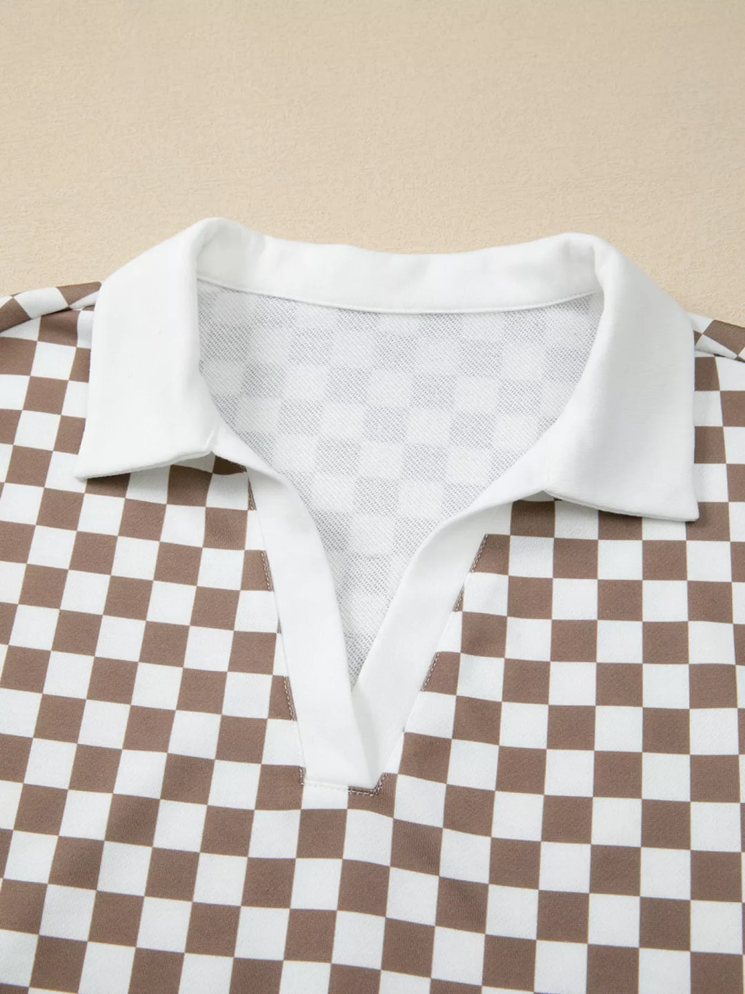 Checkered Print Polo Collar Cropped Long Sleeve Top and Drawstring Mini Skirt Set