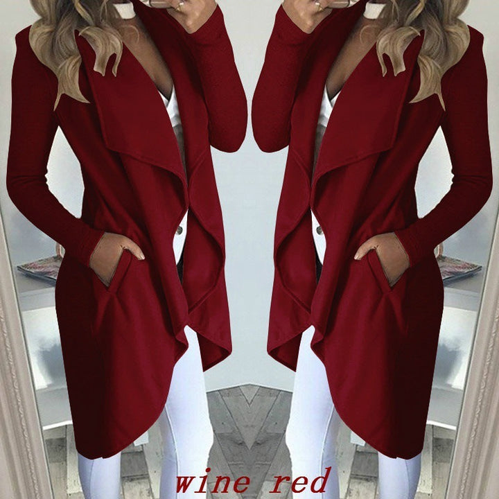 Women's Plus Size Solid Color Polo Collar Slim Fit Long Trench Coat
